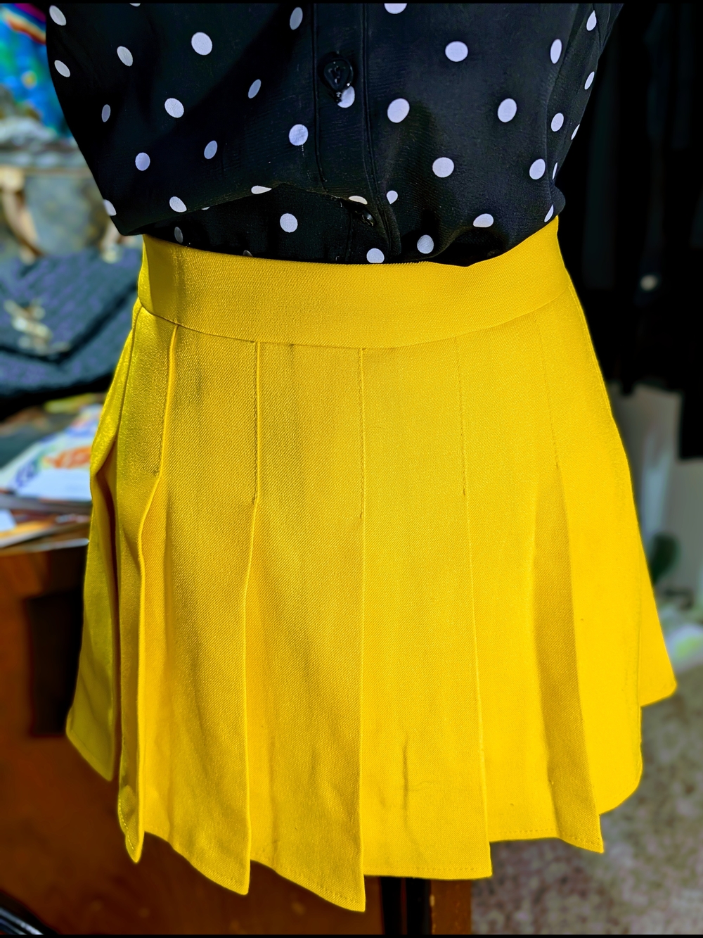 High-Waist Yellow Pleated Skater Skirt - Women's